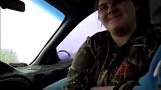 Hot horny wife sucks stranger dick on rainy day outside taco bell letting him finish all inside her mouth while almost getting caught